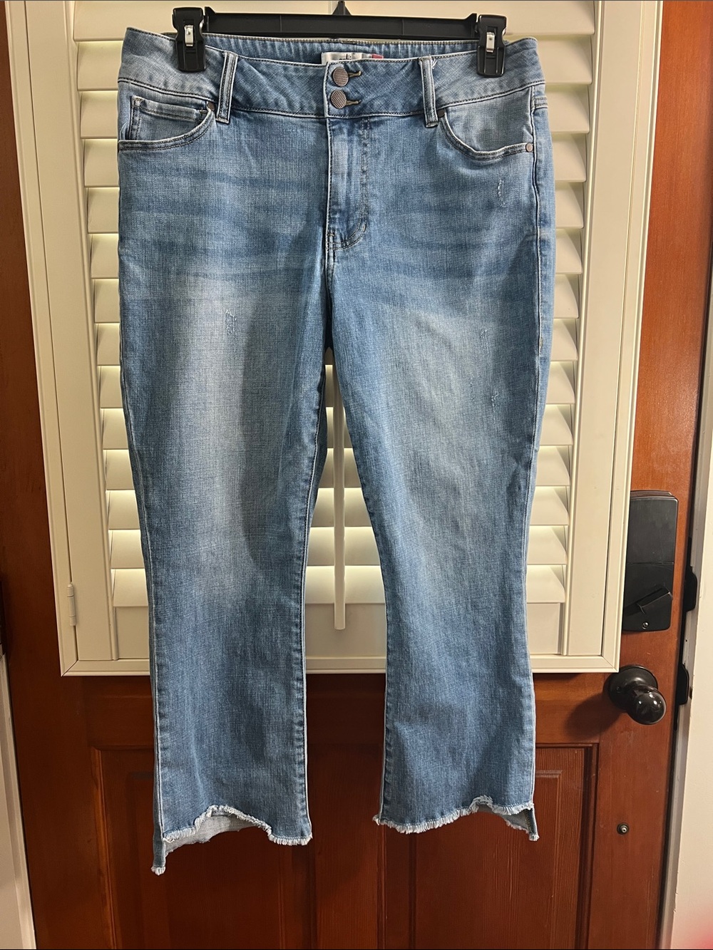 CAbi Light Blue High Low Cropped Jeans with Frayed Hem